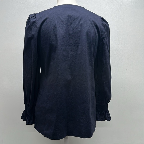 Pomander Place Tuckernuck Easton Blouse Poplin V-neck Puff Sleeve Blue Small XS - Picture 4 of 8